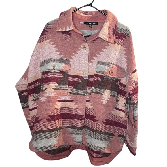 Boho Aztec Print Button Front Jacket Shacket Pink Rust - Picture 3 of 4